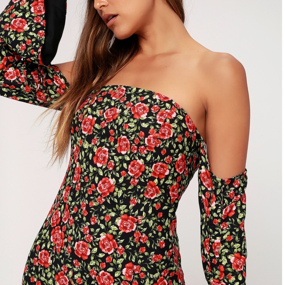 Black Floral Print Long Sleeve Off-the-Shoulder D - Picture 3 of 5